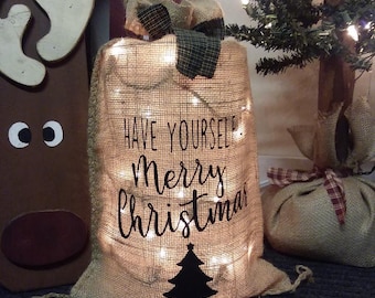 Merry Christmas Lighted Burlap Bag Christmas Decor Holiday Decorations Home Decor Country Decor