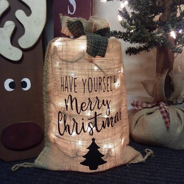 Merry Christmas Lighted Burlap Bag Christmas Decor Holiday Decorations Home Decor Country Decor