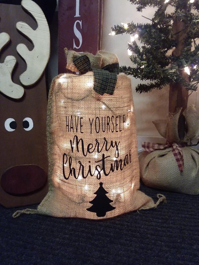 Merry Christmas Lighted Burlap Bag Christmas Decor Holiday Decorations Home Decor Country Decor 