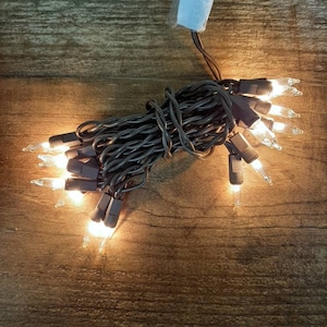 May include: A string of brown Christmas lights with clear bulbs. The lights are coiled up and ready to be hung.