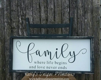 Letrero "Familia donde comienza la vida y el amor nunca termina" Decoración de granja Decoración campestre Decoración rústica para el hogar Decoración de pared