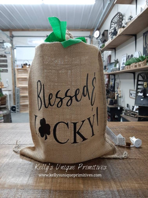 Lighted Burlap Sack Blessed and Lucky Happy St. Patrick s Day Burlap Decor Etsy