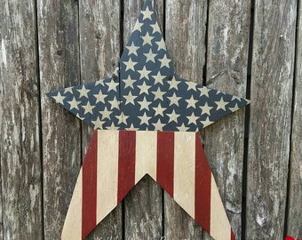 Colgador de puerta con forma de estrella americana primitiva, bandera estadounidense, decoración patriótica, decoración campestre, decoración primitiva