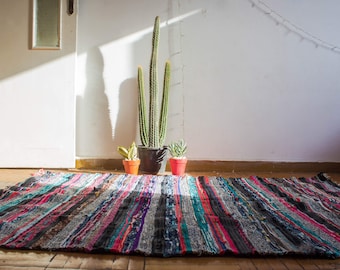 Handwoven Egyptian Wool Kilim Rug: Thick Striped Bohemian Area Rug