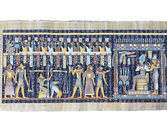 手作りエジプトパピルス画：心臓の重さを量る、古代の神々（14インチ