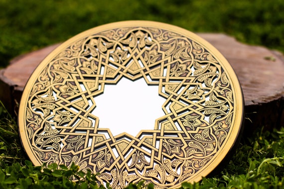 Mesmerizing Brass Mirror Islamic Art Hand Forged and Etched Antique| Oriental Geometry Patterns Wall Mirror | Islamic Geometric Brass Works