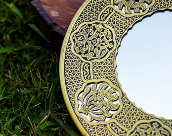 Authentic Antique Handmade Etched Brass Mirror | Egyptian Oriental Geometry Patterns Wall Mirror| Arabic Original Wall Mount| Hanging Mirror