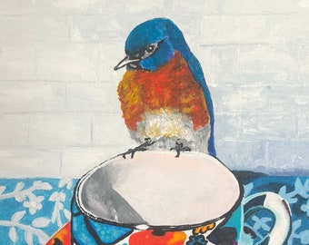 Teacup and Bluebird acrylic painting decorated with Flowers and Patterns painted by Wendy Johnston