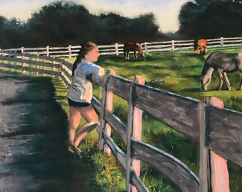 Original Pastel Painting of Girl Leaning on Fence at Horse Farm During Sunset Painted by Wendy Johnston