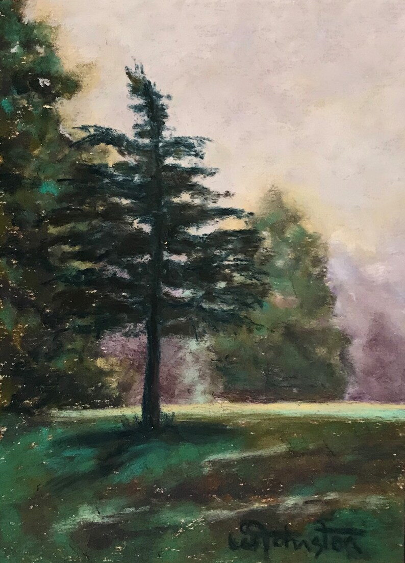 Original Pastel Painting of Trees in the Park During a Foggy Etsy