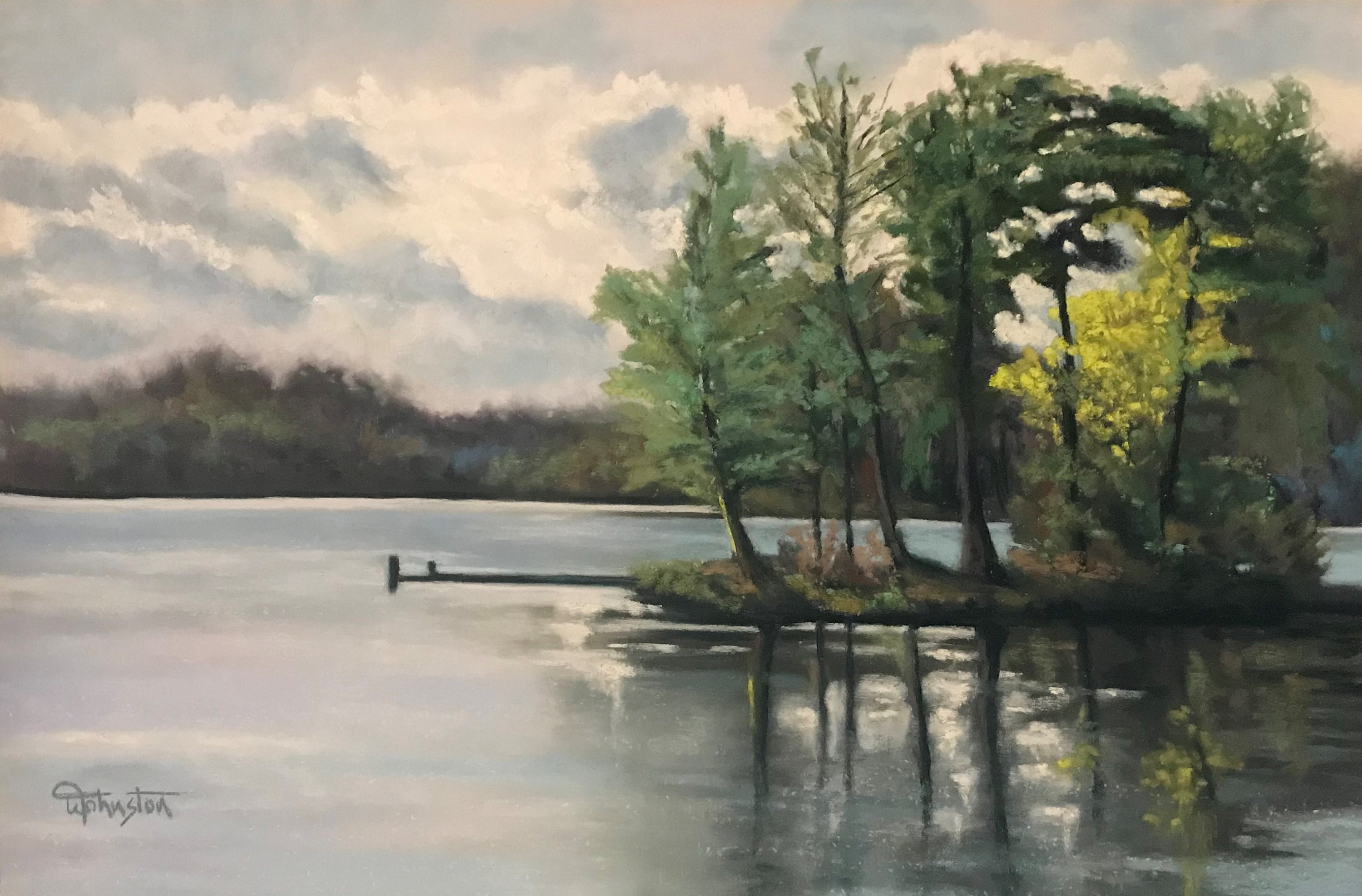 Original Pastel Painting of Sunlit Trees and Island on a Lake With