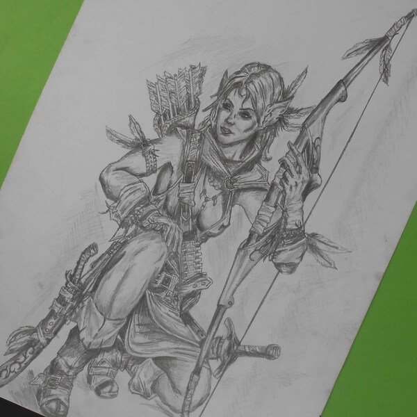 Fantasy Elf Girl Warrior - Original Pencil Drawing - FREE SHIPPING - Fantasy, Woman Warrior, Elf Girl, Elf Warrior, Home Decor