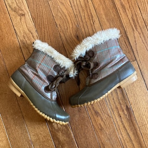 Vintage 80&#39;s Sporto Women&#39;s Plaid Fuzzy Duck Boots Winter Waterproof Size 10