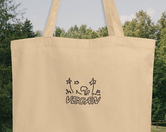 Vegan Tote Bag | Embroidered Organic Cotton | Grocery Bag | Natural Tote | Vegan Gifts