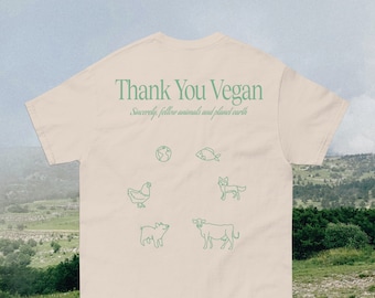 Thank You Vegan Shirt with Animal Illustrations | For the Animals Tshirt | Vegan Gift | Light Green