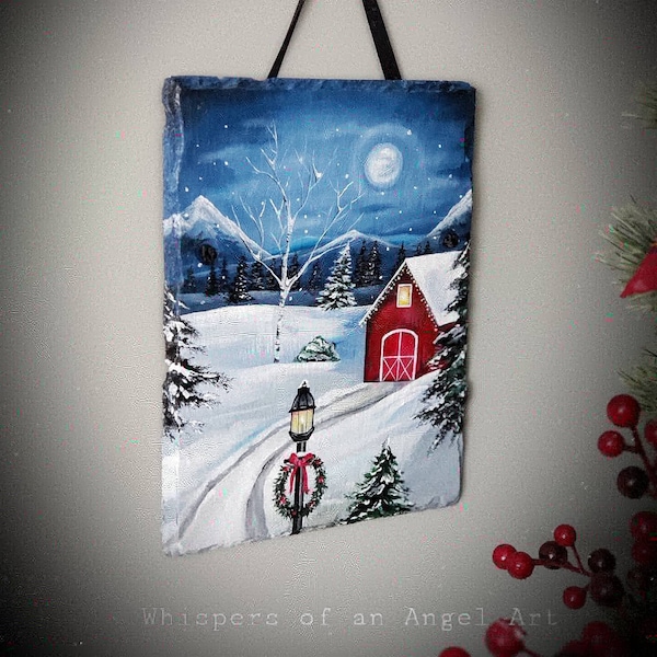 Painted Red Barn, Christmas Painting, Winter Scene Art, Painted Stone, Slate Art, Christmas Gift, Christmas Wall Art, Acrylic Painting