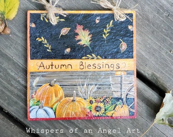 Autumn Blessings Decor, Fall Art, Painted Fall Stone, Stone Art, Painted Slate Tile, Fall Decor, Painted Pumpkins, Harvest Decor, Porch Art