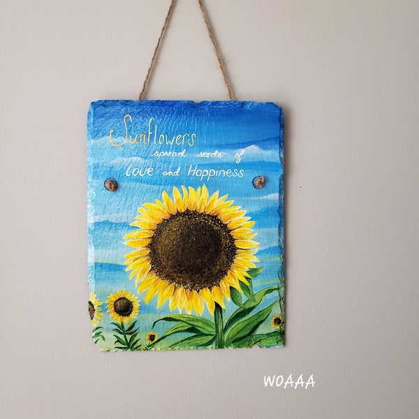 Sunflower Sign, Painted Slate, Yellow Sunflowers, Hand Painted Stone, Decorative Wall Art, House Warming Gift