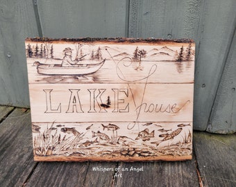 Wood Burned Basswood, Lake House Sign, Wooden Wall Decor,  Pyrography Artwork, Fishing Wall Art, Lake House Decor