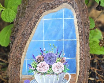 Wood Burned Floral Teacup, Black Walnut Live Edge Pyrography Wall Art