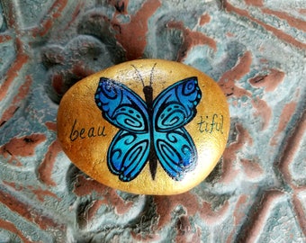 Butterfly Stone, Painted Butterfly, Hand Painted Stone, Inspirational Art, Inspirational Stone, Butterfly Decor, Blue Butterfly