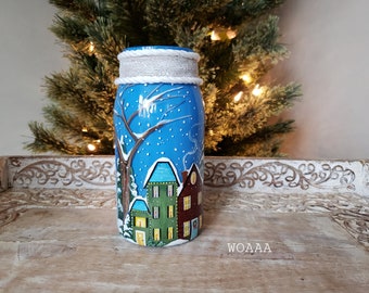 Glass Christmas Jar, Painted Glass Jar, Painted Christmas Houses, Decorative Jar, Christmas Gift, Painted Winter Scene