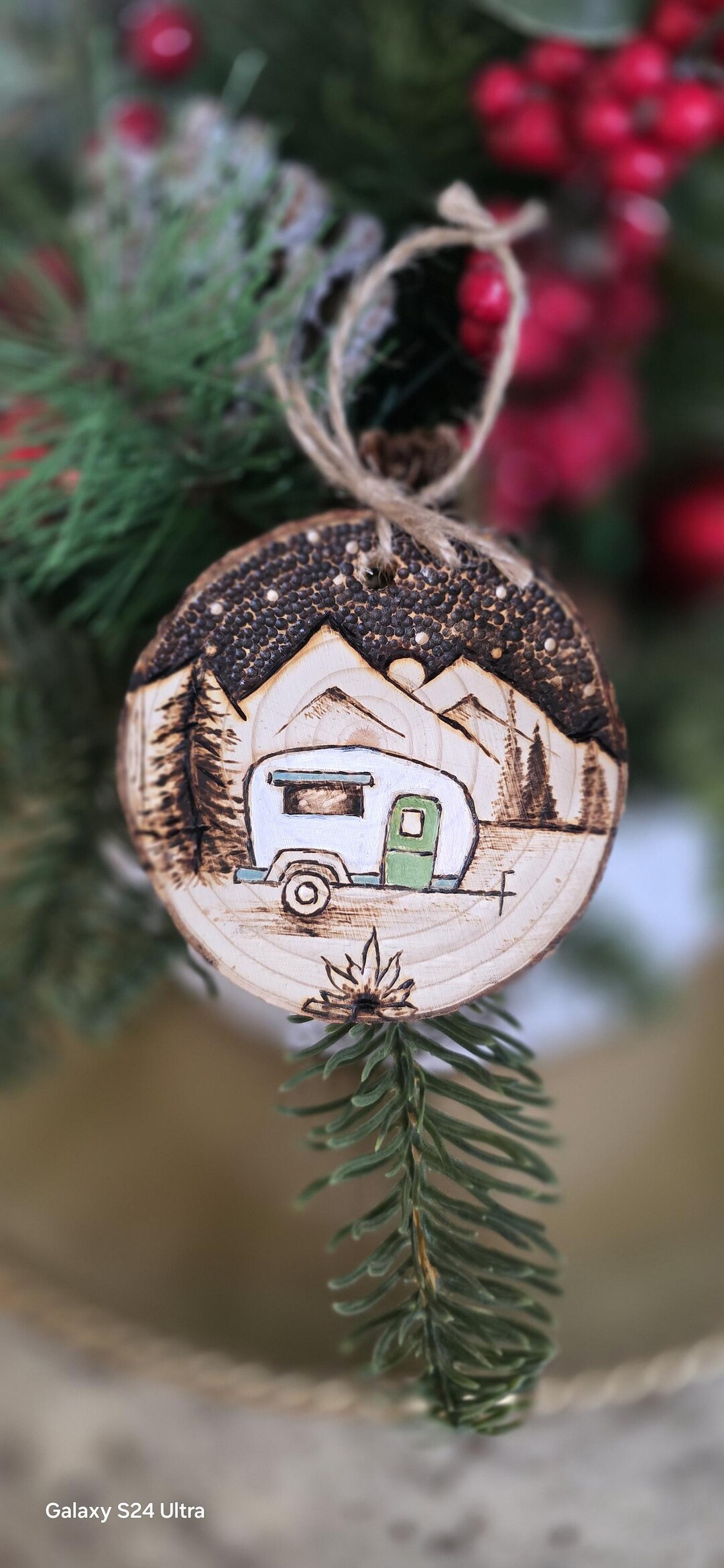 Hand Burned Wood Slice Camper Ornament: Rustic Camping Tree Decoration ...