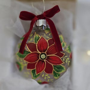 Hand Painted Stain Glass Ornament, Christmas Poinsetta Art, Hand Painted Tree Decor, One of a Kind Gift