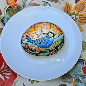 Painted Bird Rock, Garden Stone, Stained Glass Art, Hand Painted Stone, Colorful Bird, Paperweight, Stone Art