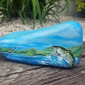 Painted Stone, Fathers Day Gift, Fishing Art, Stone Art, Painted Fish