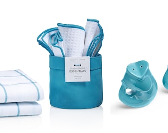 6 PC Set Gift Set, Salt & Pepper Shaker Set, Aqua Blue,  Kitchen Towels,  and Dishcloths (S/3),  Ultra Absorbent, Tough Tested, Gift idea!