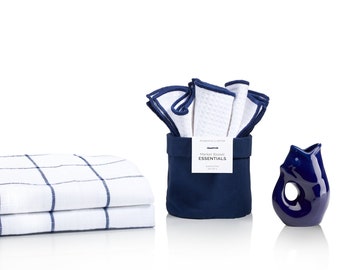 7 Piece Gift Set - 2 XL Kitchen Towels + 3  Dishcloths, Canvas Basket +  Bud Vase -.  Tough Tested, Ultra Absorbent,  Premium Cotton.