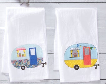 Retro RV Flour Sack Towels - Set of 2, 100 % Premium Cotton,  Hanging Loop Center Long Side to prevent sagging on counters or floors