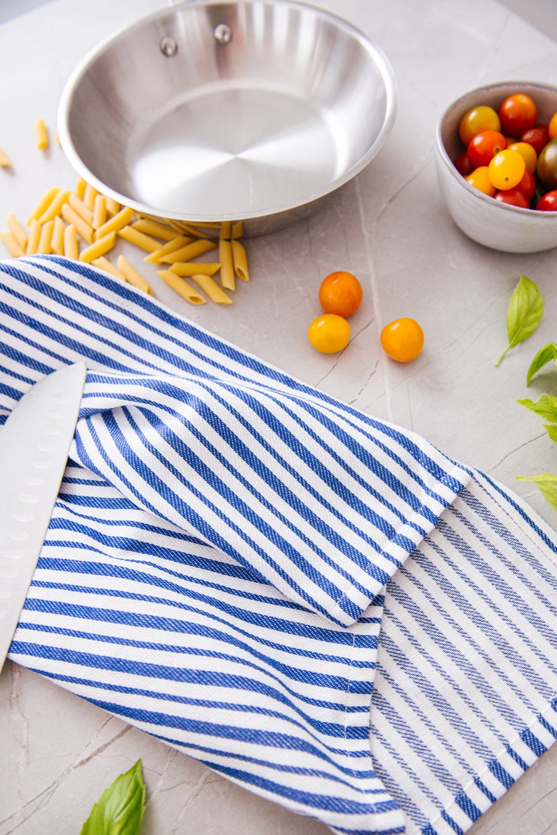 Kitchen Towels, Set of 3, Large Premium Cotton, Modern Blue Stripes, 20x30, 100% Strongly Woven Cotton, Absorbent, Hanging Loop image 4