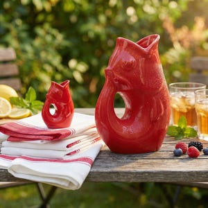 Red Pitcher / Large Flower Vase & Creamer Set with Cotton Kitchen Towels - Perfect gift idea!