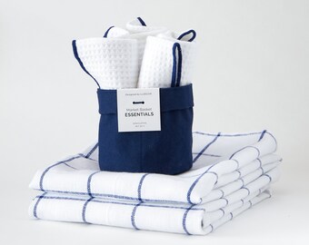 Kitchen Towels + Dishcloths, 6PC Set - Blue,  3 Waffle Dishcloths in  Basket, 2 Heavy Duty Kitchen Towels, Thick and Ultra Absorbent,