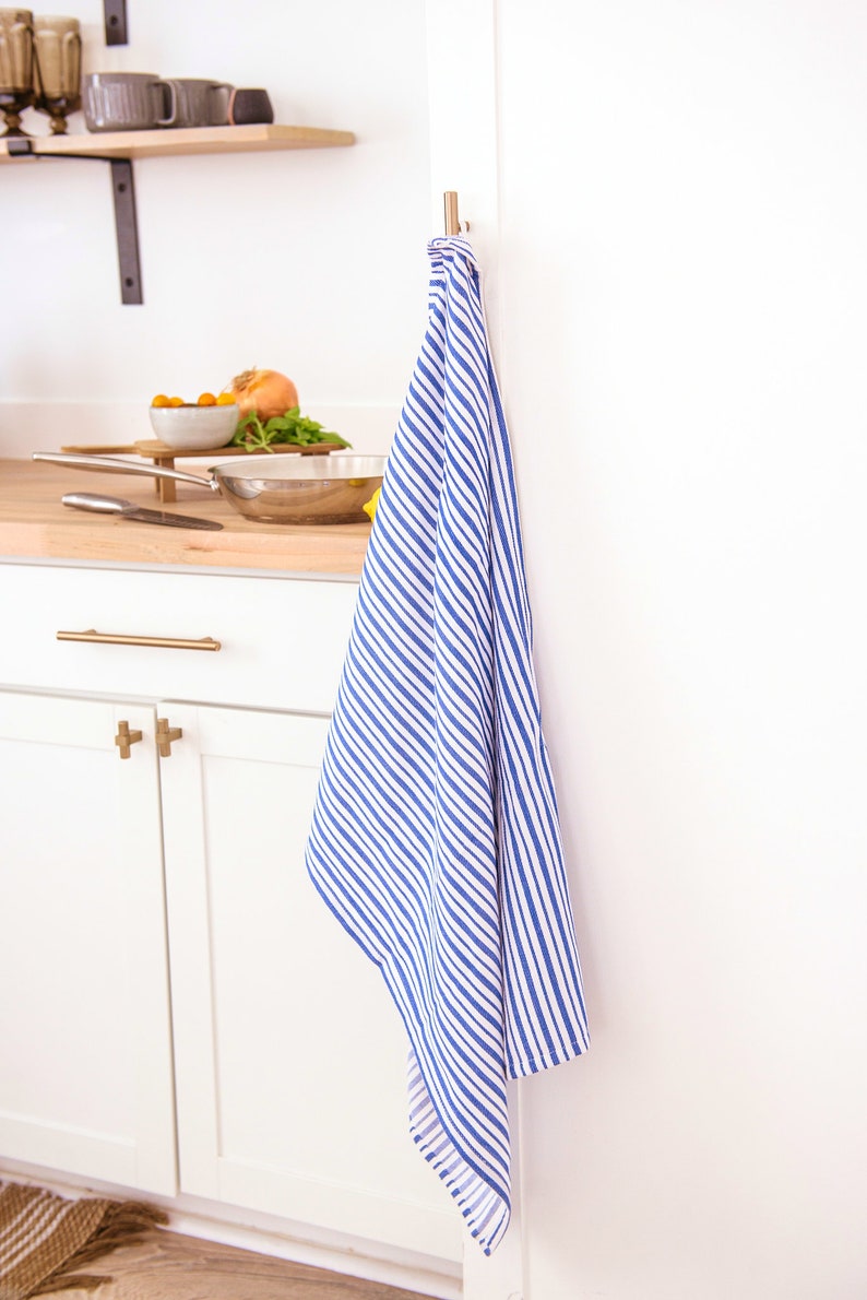 Kitchen Towels, Set of 3, Large Premium Cotton, Modern Blue Stripes, 20x30, 100% Strongly Woven Cotton, Absorbent, Hanging Loop image 3