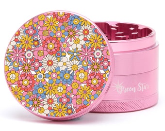 Retro Flowers Peace Happy Face Herb Grinder with Catcher - Cute Large 2.5 inch 63mm Grinder