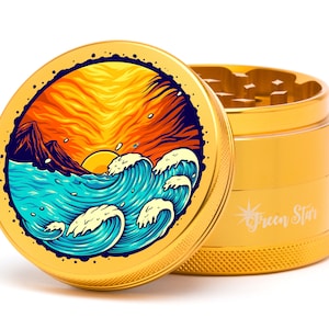 Herb Grinder 2.5&quot; Herb Grinder Custom Grinder 4 Piece Grinder with Catcher - Fiery Sunset Beach Wave Design