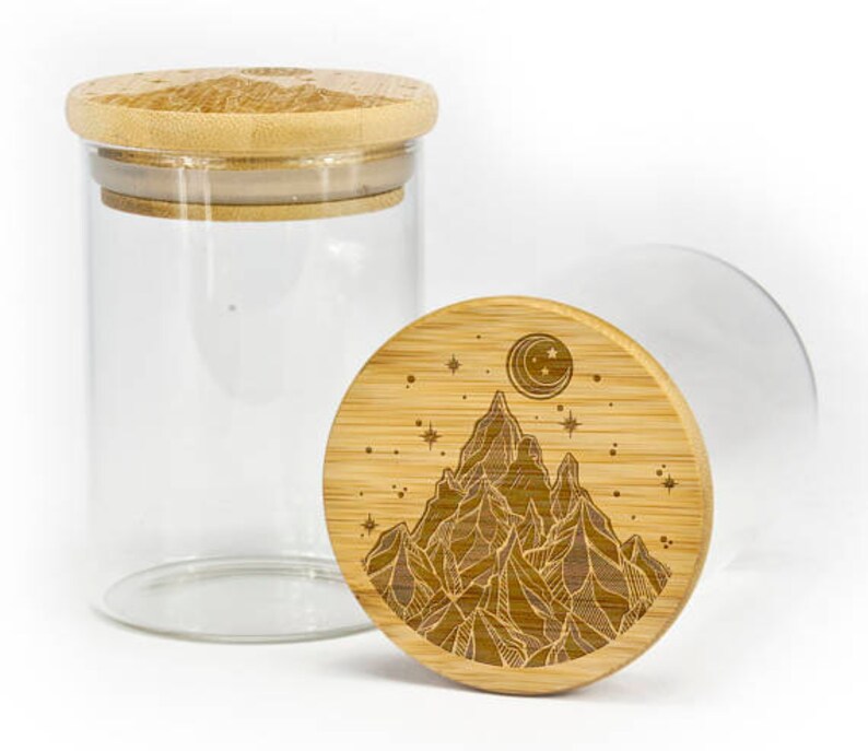 Stash jar stash box herb grinder jar with laser etched starry night drawing bamboo top. jar for weed stash jar for weed best stash jar 