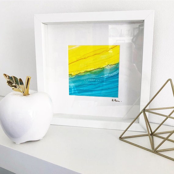 Blue And Yellow Colour Pop Painting Original Alcohol Ink Art White Box Frame Home Decor Framed Art Abstract Painting