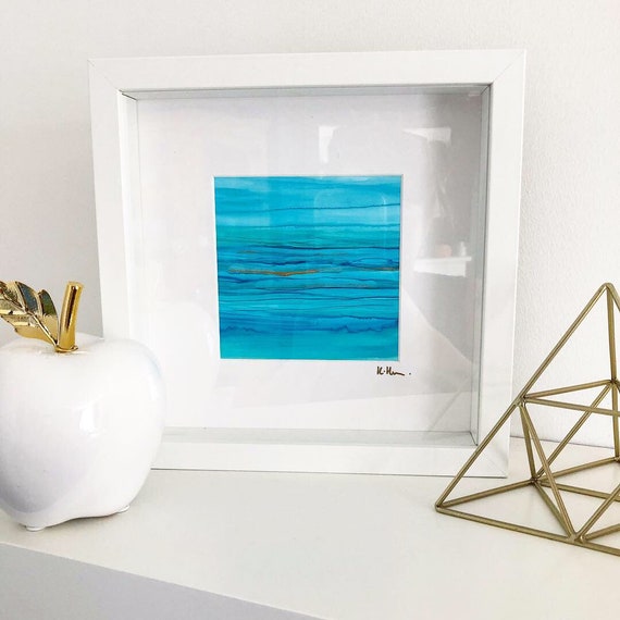 Blue And Gold Colour Pop Painting Original Alcohol Ink Art White Box Frame Home Decor Framed Art Abstract Painting