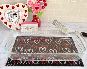 Large 9" x 13" Valentine Hearts with a Touch of Gold Dots Fabric, Casserole or Cookie Sheet, Hot Pad, Trivet