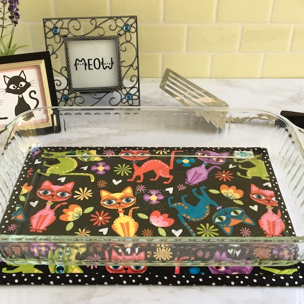 Large 9" x 13" Retro Cool Cats, Hot Pad, Trivet, Casserole, Cookie Sheet, Hot Plate, Recipe, Kitten, Groovy, Foodie