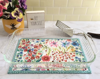 Large 9" x 13" Teal Floral Garden, Hot Pad, Trivet, Casserole, Cookie Sheet, Kitchen, Mother's Day, Housewarming, Birthday