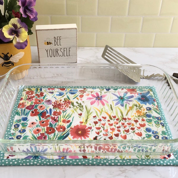 Large 9" x 13" Teal Floral Garden, Hot Pad, Trivet, Casserole, Cookie Sheet, Kitchen, Mother's Day, Housewarming, Birthday