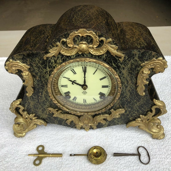 1910’s Antique Ansonia Metal Mantel Shelf Clock Working Correctly