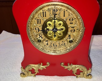 1890's Antique  Metal Kroeber Mantel Shelf Clock Working Correctly Diamond