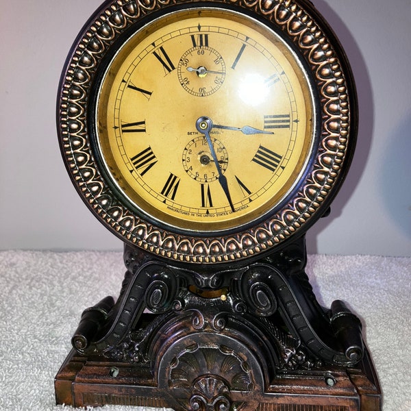 1910’s Antique Seth Thomas Metal Mantel Shelf Alarm Clock Working Correctly