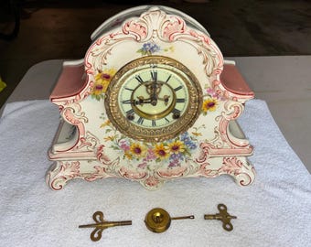1910’s  Antique Ansonia Porcelain Mantel Shelf Clock Working Beautifully Royal Bonn Open Escapement